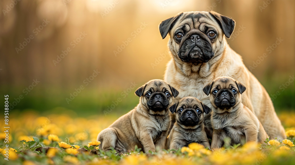 A mother pug sitting with her puppies in a field of yellow flowers. Concept of warmth and family A mother pug sitting with her puppies in a field of yellow flowers. Concept of warmth and family