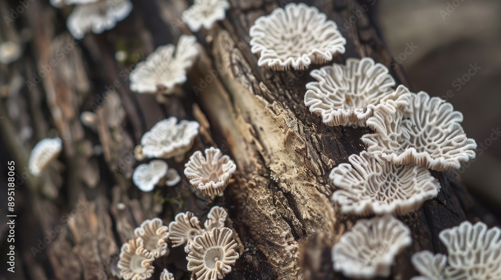 Schizophyllum commune thriving on aged wood or tree trunk Ideal for educational scientific articles with space for text Schizophyllum commune thriving on aged wood or tree trunk Ideal for educational scientific articles with space for text