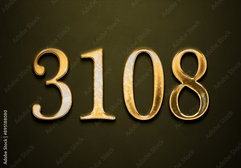 Old gold effect of 3108 number with 3D glossy style Mockup. Old gold effect of 3108 number with 3D glossy style Mockup.