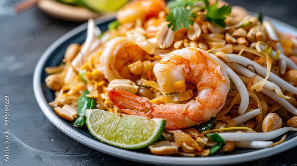 Delicious shrimp pad thai served with crunchy peanuts and fresh lime, garnished with herbs for a burst of flavor. Delicious shrimp pad thai served with crunchy peanuts and fresh lime, garnished with herbs for a burst of flavor.