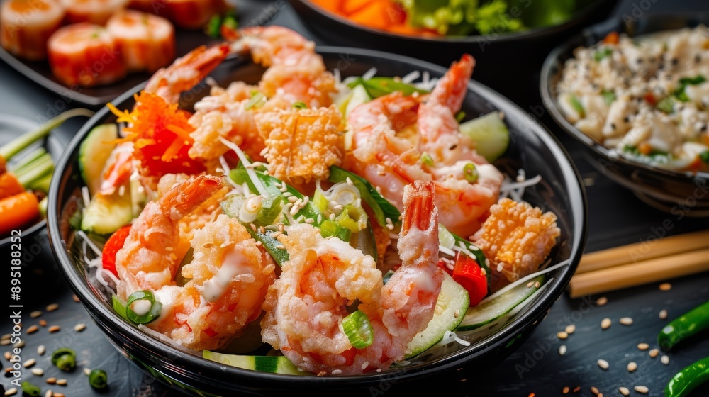 Delicious shrimp salad with fresh vegetables, garnished with herbs and sesame seeds, perfect for food lovers and healthy eating. Delicious shrimp salad with fresh vegetables, garnished with herbs and sesame seeds, perfect for food lovers and healthy eating.