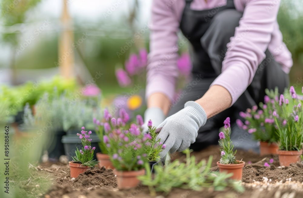 Fototapeta premium Planting Pink Flowers in a Garden
