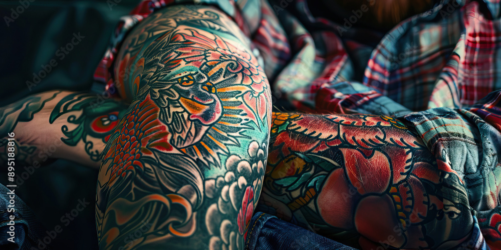 Naklejka premium Rebellion in the blood close up of a punks tattooed arm.