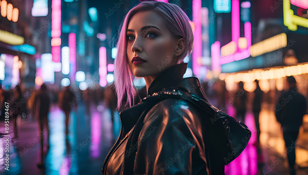 woman with pink hair in cyberpunk city woman with pink hair in cyberpunk city