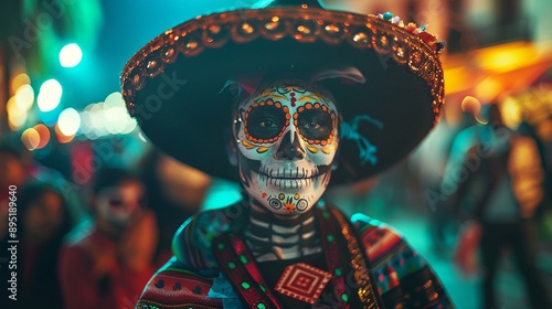 Halloween banner. Dia de los Muertes, street party, man wearing mexican hat and catrina makeup on his face