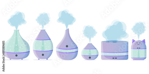 HumidifiersHumidifiers in cartoon style. Equipment for home and office. Ultrasonic air purifier in the interior. Device for cleaning and moistening. Vector illustration EPS10.