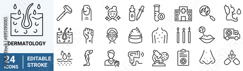Dermatology web line icons. Skin allergy. Atopic, itchy, Dry skin, Rash, Epidermis. cosmetology. Editable stroke.