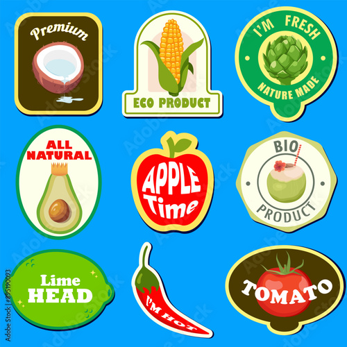 Set of seasonal fruits and vegetables stickers and marks or badges template for packaging. Vector illustration EPS10.