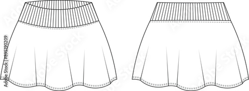 ribbed waistband flared elastic mini a line skirt template technical drawing flat sketch cad mockup fashion woman design style model
