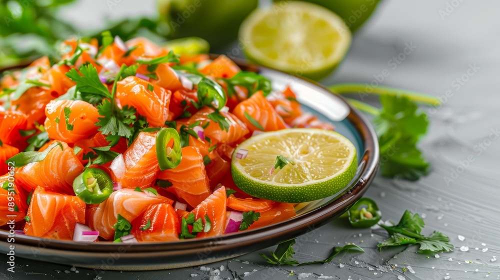Vibrant salmon salad garnished with fresh herbs, lime slices, and chili peppers, perfect for healthy culinary creations. Vibrant salmon salad garnished with fresh herbs, lime slices, and chili peppers, perfect for healthy culinary creations.