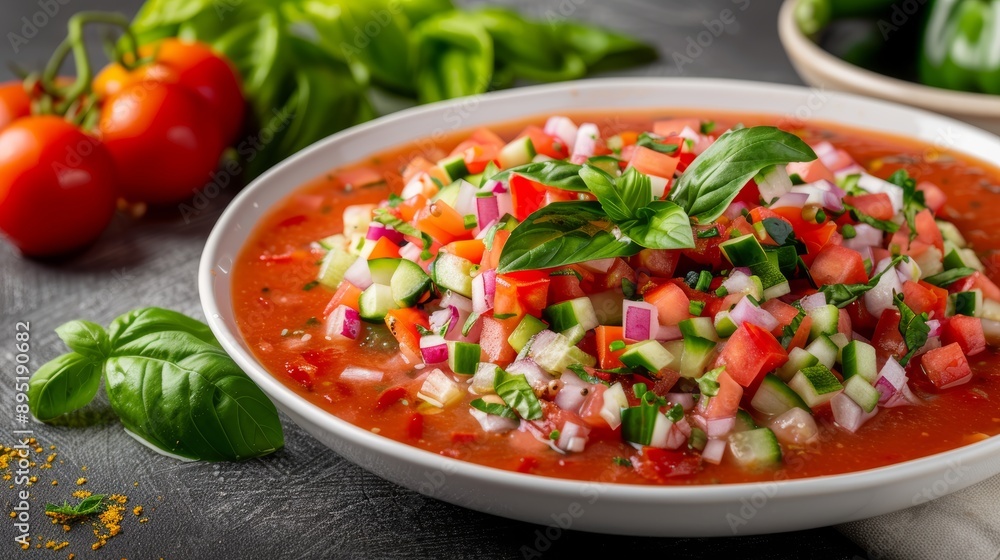 Fresh and vibrant vegetable salsa topped with basil, perfect for summer gatherings and healthy meals. Fresh and vibrant vegetable salsa topped with basil, perfect for summer gatherings and healthy meals.
