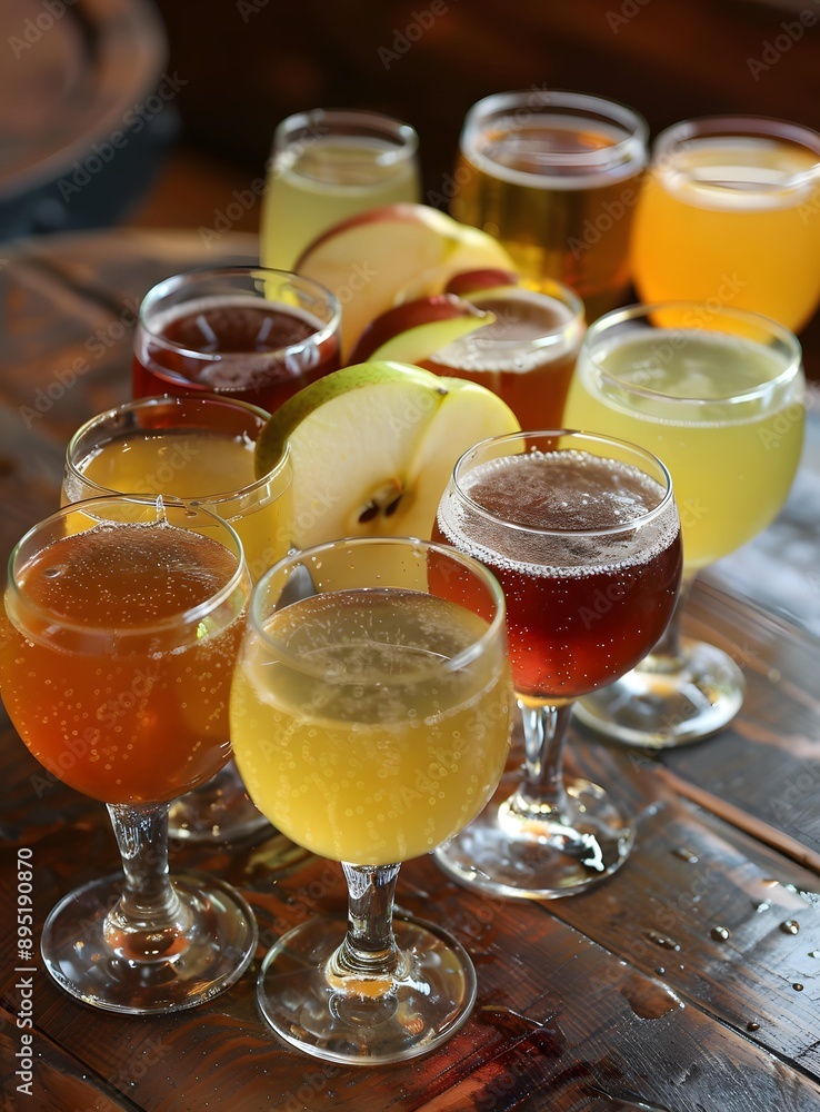Various Flavors of Cider in Glass Cups Various Flavors of Cider in Glass Cups