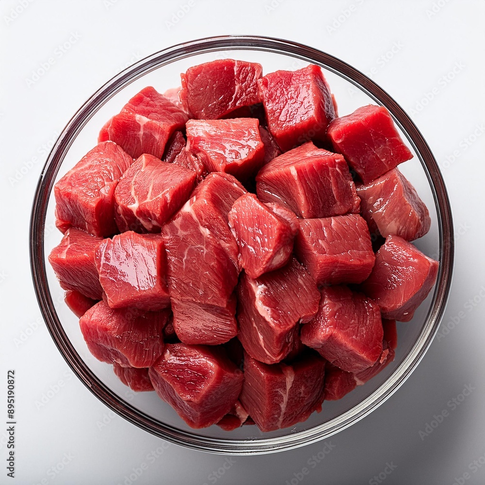 raw diced beef in a glass bowl
