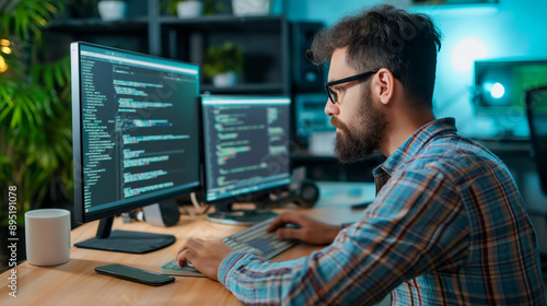 Male programmer at work, man coding and sitting in front of a monitor at a computer
