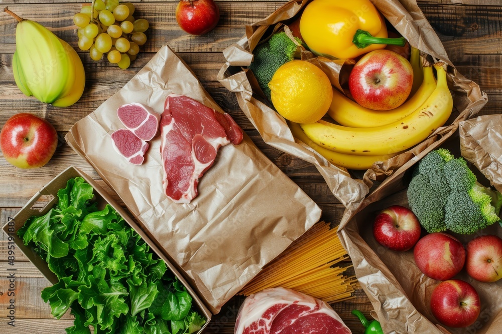 Fresh grocery bag with fruits, vegetables, meat, pasta, banana, grape on wooden table Fresh grocery bag with fruits, vegetables, meat, pasta, banana, grape on wooden table
