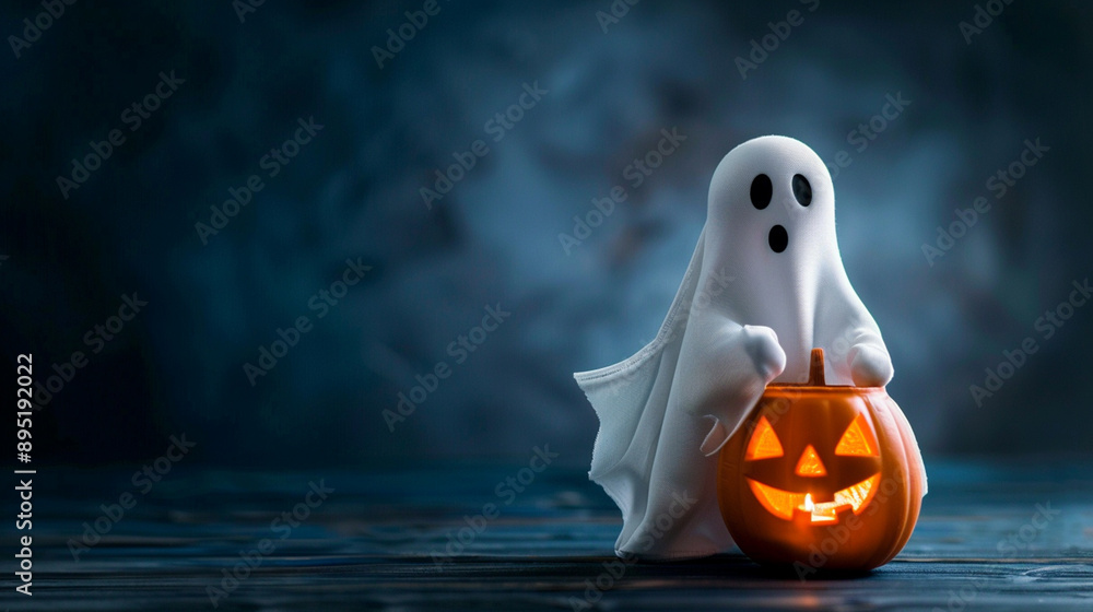 Halloween ghost with jack o lantern on spooky background Halloween ghost with jack o lantern on spooky background