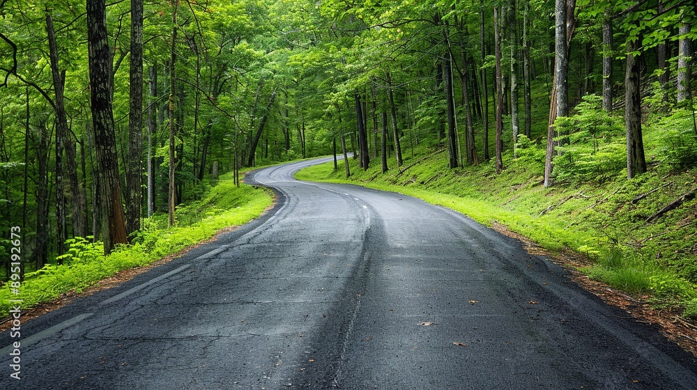 sloping forest service road, one lane, paved surface, green surroundings sloping forest service road, one lane, paved surface, green surroundings