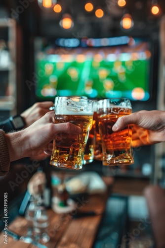 Beer toast during a soccer match on a blurry bar background