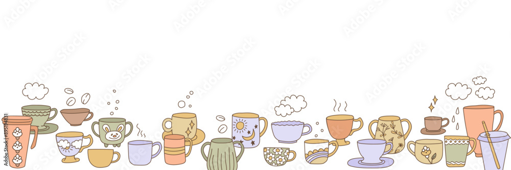 Cute kitchen tableware vector illustration banner. Different hand drawn porcelain, faience, ceramic teapots and cups doodles. Bright tea and coffee mugs. Cute kitchen tableware vector illustration banner. Different hand drawn porcelain, faience, ceramic teapots and cups doodles. Bright tea and coffee mugs.