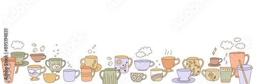 Cute kitchen tableware vector illustration banner. Different hand drawn porcelain, faience, ceramic teapots and cups doodles. Bright tea and coffee mugs.