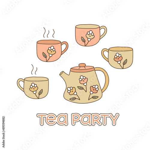 Cute cups and teapot card. Tea party invitation template. Hand-drawn print in doodle style.