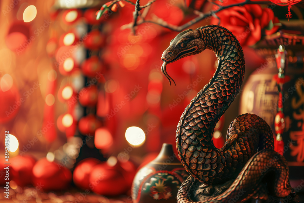 Fototapeta premium Chinese New Year, red background, with snake-shaped decoration and lanterns in the foreground. 