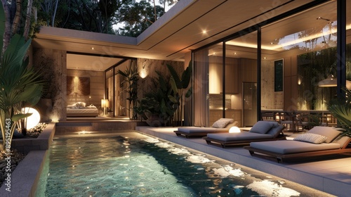 Wallpaper Mural Luxury Pool Villa with Nighttime Living Room Design Torontodigital.ca