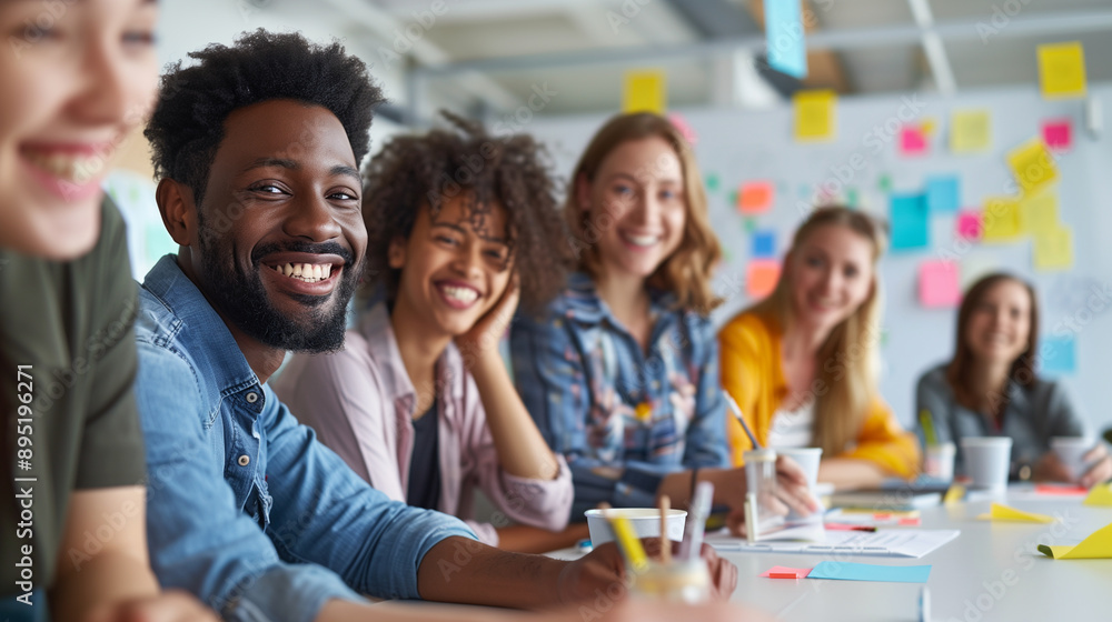 a diverse group of smiling coworkers actively brainstorming at a meeting table in a bright, modern office. Focus is on the happy expressions and collaborative atmosphere, with whit a diverse group of smiling coworkers actively brainstorming at a meeting table in a bright, modern office. Focus is on the happy expressions and collaborative atmosphere, with whit