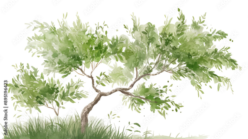 A watercolor painting of a leafy green tree with a thick trunk in a field of grass A watercolor painting of a leafy green tree with a thick trunk in a field of grass