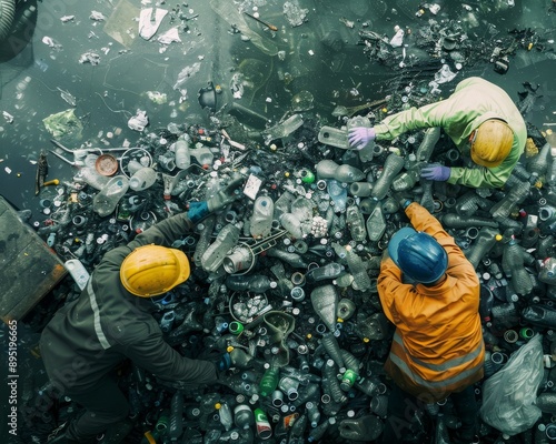 Workers at recycling plant transforming waste for circular economy sustainability photo