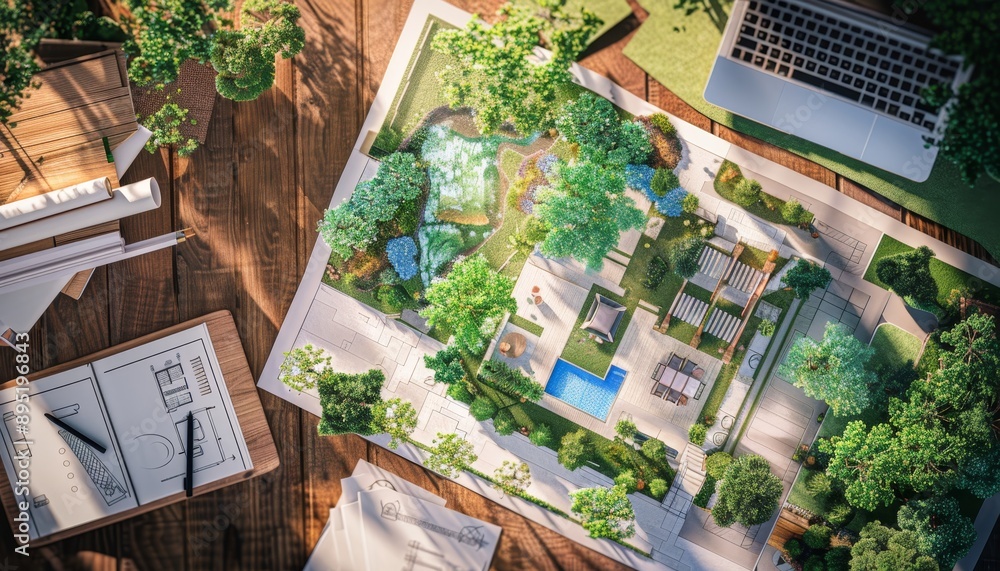 Top view of architectural plans and landscape design arranged on a desk surface for review Top view of architectural plans and landscape design arranged on a desk surface for review