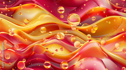 Waves, ruffles and bubbles, sweet, pink, red, yellow and golden colors  Horizontal banner. Abstract 3D backgroubd photo