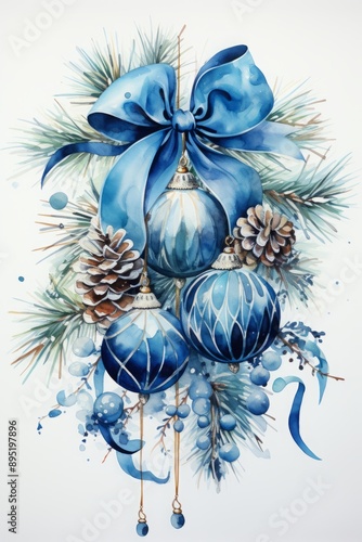 watercolor Christmas wreath, festive decoration in blue tones.