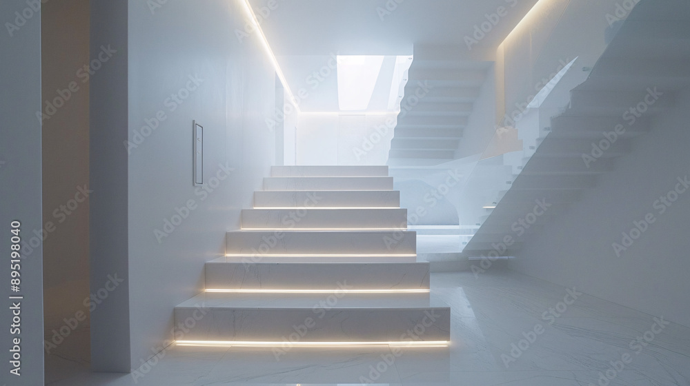 A minimalist staircase with a clean white design and a hidden smart home control panel. It represents modern interior architecture and smart living. A minimalist staircase with a clean white design and a hidden smart home control panel. It represents modern interior architecture and smart living.