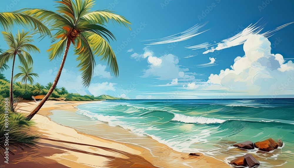 Naklejka premium Beautiful beach sand and palm trees