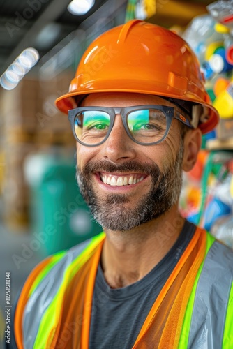 Handsome Waste Sorting Plant Employee Diligently Working: A Snapshot of Sustainable Efforts