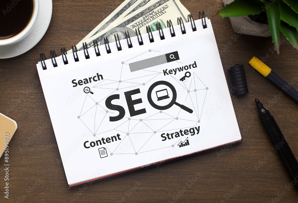 Seo Career. Opened Notebook With Seo-Optimization Scheme Lying Over Brown Office Table Background. Search Engine Optimization For Web Content, Internet Business Development Concept. Collage, Flat Lay Seo Career. Opened Notebook With Seo-Optimization Scheme Lying Over Brown Office Table Background. Search Engine Optimization For Web Content, Internet Business Development Concept. Collage, Flat Lay