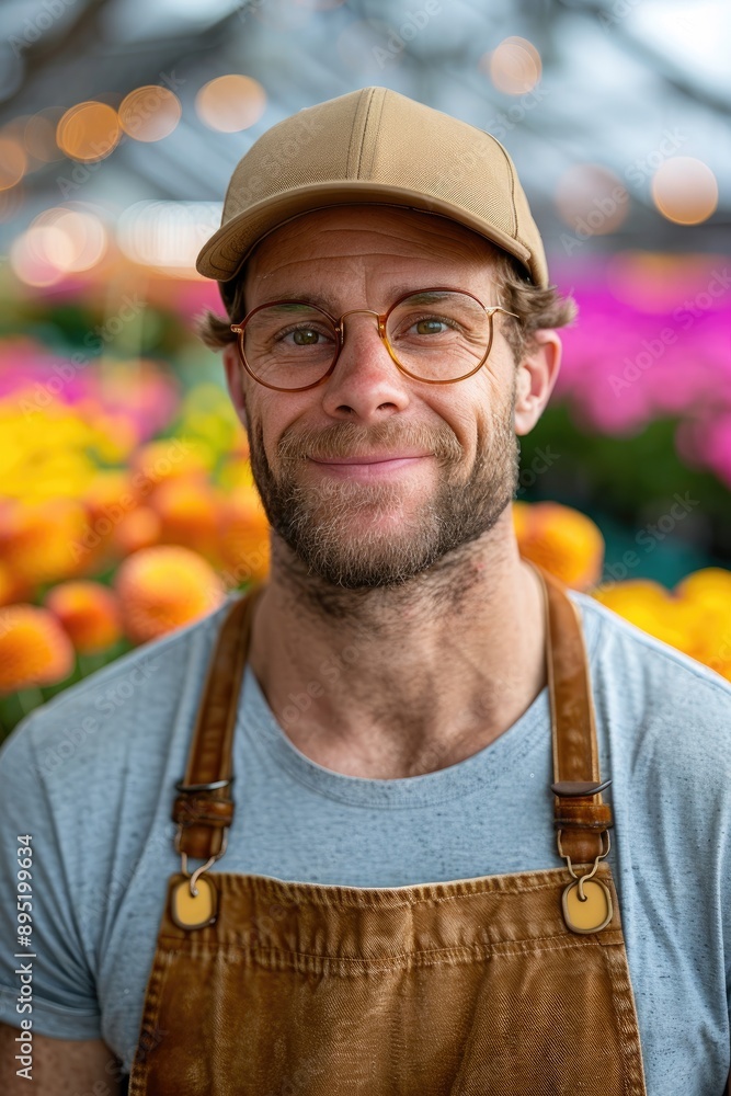 Obraz premium Handsome Greenhouse Worker Tending to Flowers: A Glimpse into Horticultural Care