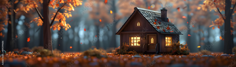 Cozy wooden house surrounded by vibrant autumn foliage, creating a serene and inviting atmosphere in the forest. Cozy wooden house surrounded by vibrant autumn foliage, creating a serene and inviting atmosphere in the forest.