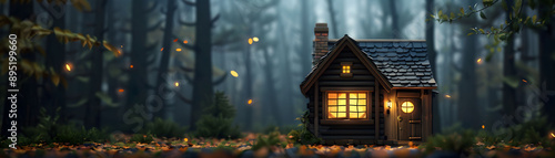 A cozy cabin nestled in a serene forest at twilight, glowing warmly amidst trees and soft autumn leaves.