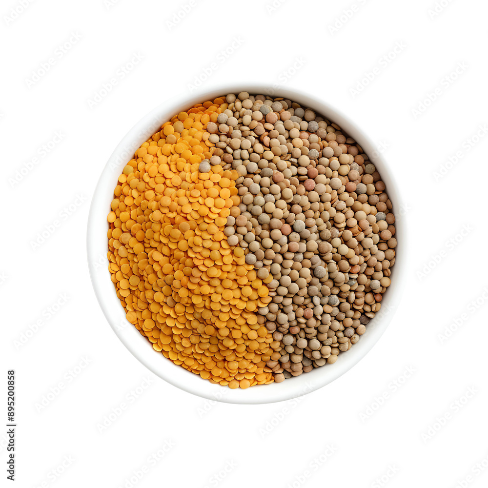 Red lentils in a white bowl on a white background Red lentils in a white bowl on a white background