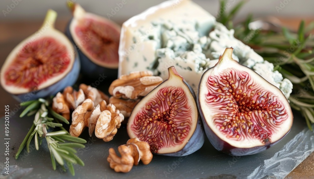 Visualize an exquisite presentation showcasing creamy blue cheese complemented by ripe figs Visualize an exquisite presentation showcasing creamy blue cheese complemented by ripe figs