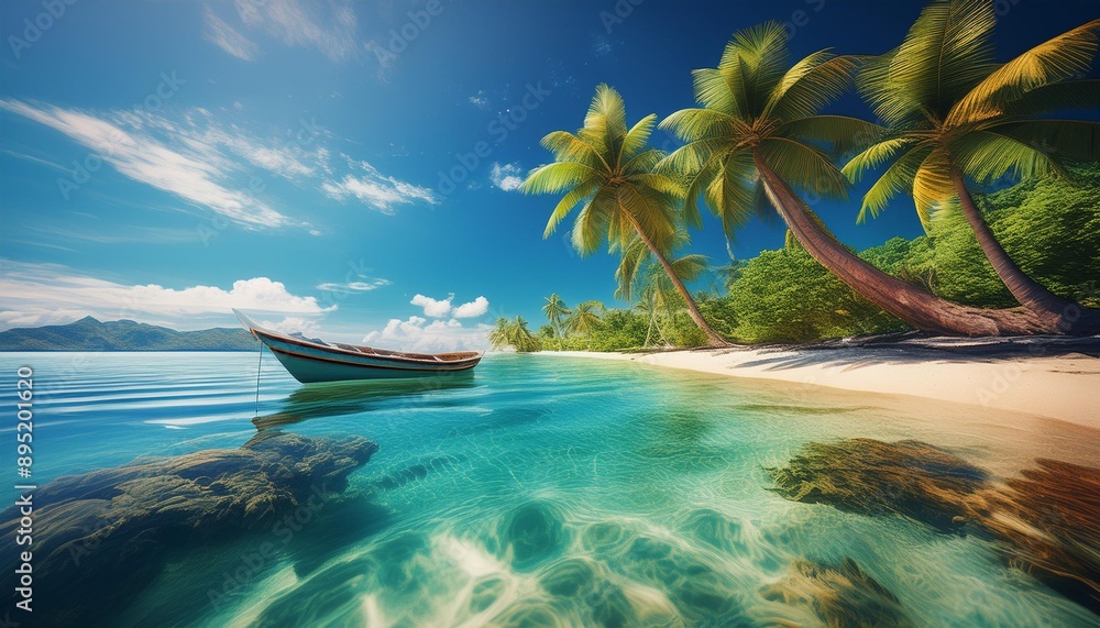 Fototapeta premium Tropical island sea and boat