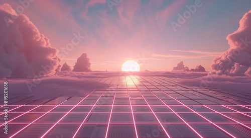 Futuristic Digital Grid Landscape with Vibrant Skies, Dynamic Cloud Formations, and Radiant Sun Rays Blending Modern Technology with Natural Beauty