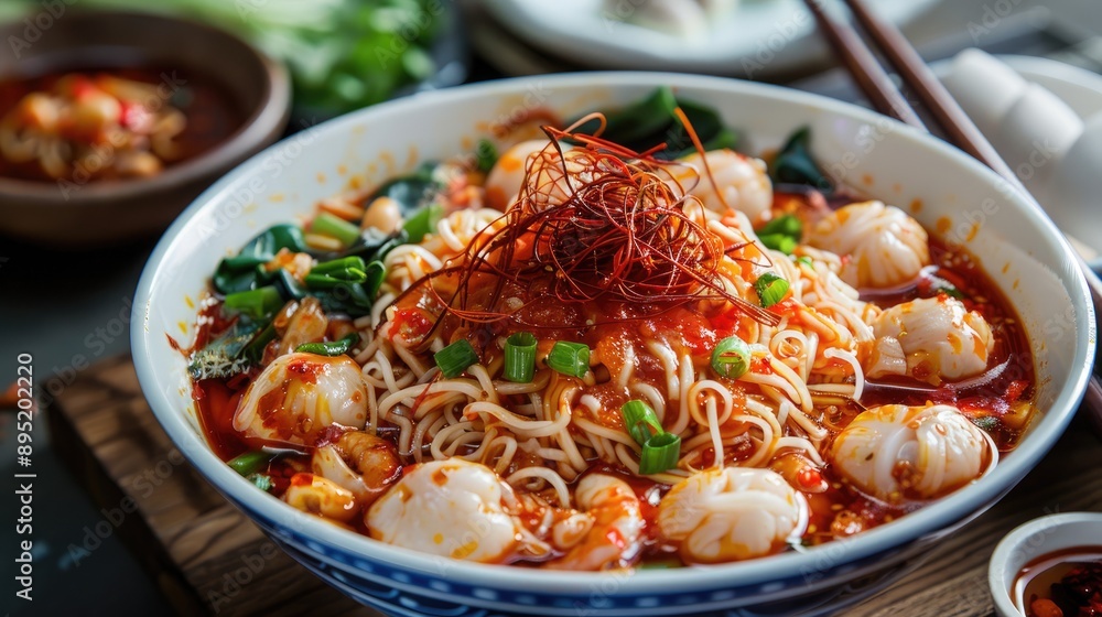 Mixed Spicy Sauce with Chinese Noodles Fish Balls and Shrimp Roe Mixed Spicy Sauce with Chinese Noodles Fish Balls and Shrimp Roe