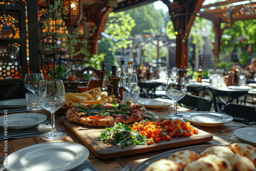 A beautifully set dining table with exotic dishes from around the world. Concept of global cuisine and culture. Generative Ai. A beautifully set dining table with exotic dishes from around the world. Concept of global cuisine and culture. Generative Ai.