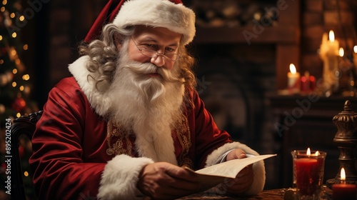 Santa Claus Man in Christmas Hat Red Suit Clothes Reading Kid's Letter in living room Background with Christmas Tree. Happy New Year.