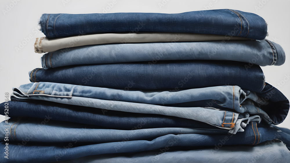 Pile of blue jeans over white background. Generative AI Pile of blue jeans over white background. Generative AI