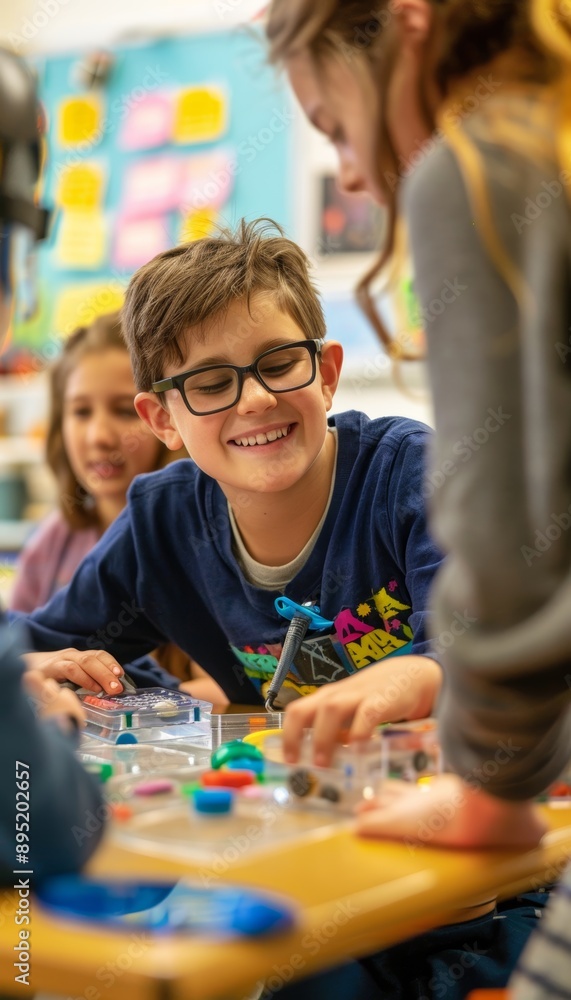 Fototapeta premium Enthusiastic Blind Student Engaging in Science Classroom Group Project with Adaptive Tools