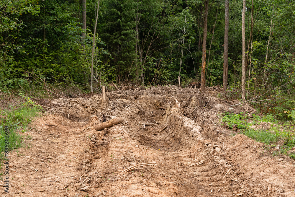 Road with deep ruts, off-road laid on virgin soil through the forest. Nature landscape background Road with deep ruts, off-road laid on virgin soil through the forest. Nature landscape background